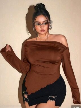 Shein Curve Brown Asymmetrical Off-Shoulder Top | 4X | New